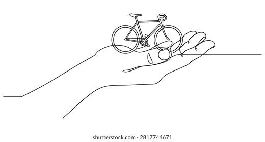 Continuous single line drawing of a bicycle resting on a human hand