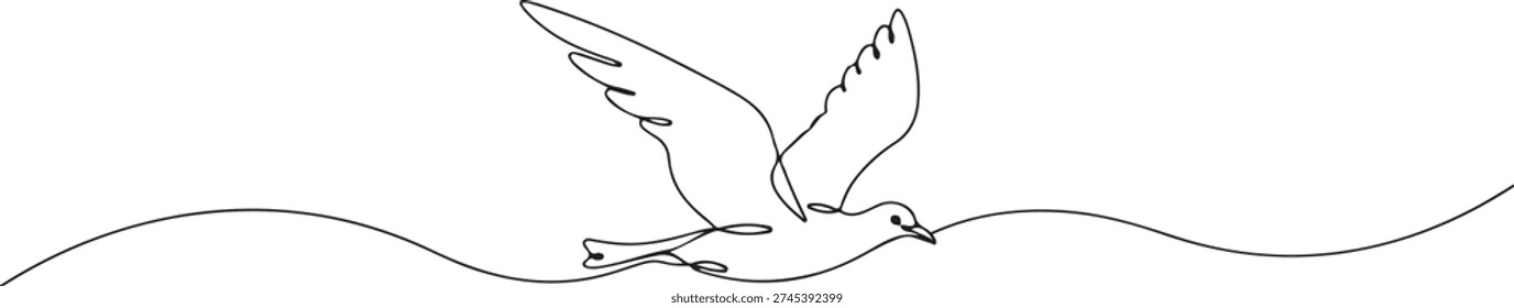 A continuous single line drawing of a bird flying above clean air, line art style illustration.