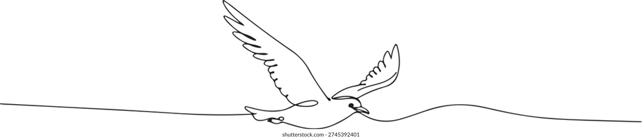 A continuous single line drawing of a bird flying above clean air, line art style illustration.