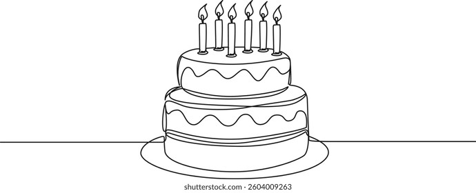 continuous single line drawing of a birthday cake with candles, line art vector illustration
