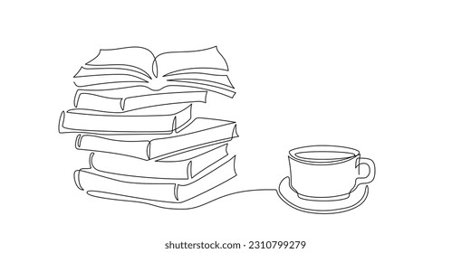 Continuous single line drawing of books stack, open book and cup of coffee at work desk. One line notebook with drink for background Concept of study, knowledge, education, business. Hand drawn sketch