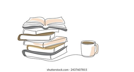 Dibujo continuo de una sola línea de la pila de libros, libro abierto y taza de café con formas de color. Cuaderno de una línea con bebida para el fondo Trazo editable. Estudio, educación, negocios. Esbozo dibujado a mano