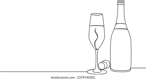 continuous single line drawing of bottle of sparkling wine and champagne glass, line art vector illustration