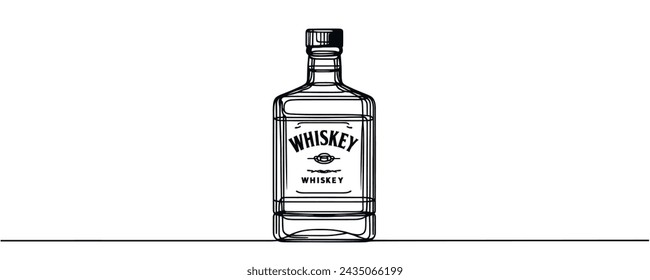 Continuous single line drawing. A bottle of whiskey. Vector illustration.