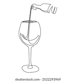 Continuous single line drawing of a bottle of wine and a glass. Hand-drawn one line picture of a silhouette. Minimalist line art.Champagne glass in human hand in continuous line art drawing style. Min