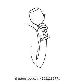 Continuous single line drawing of a bottle of wine and a glass. Hand-drawn one line picture of a silhouette. Minimalist line art.Champagne glass in human hand in continuous line art drawing style. Min