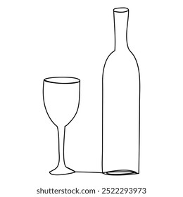Continuous single line drawing of a bottle of wine and a glass. Hand-drawn one line picture of a silhouette. Minimalist line art.Champagne glass in human hand in continuous line art drawing style. Min