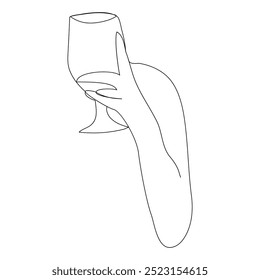 Desenho contínuo de uma única linha de uma garrafa de vinho e um copo. Desenhado à mão uma imagem de linha de uma silhueta. Linha minimalista art.Champagne vidro na mão humana em estilo de desenho de arte de linha contínua.