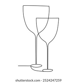 Continuous single line drawing of a bottle of wine and a glass. Hand-drawn one line picture of a silhouette. Minimalist line art.Champagne glass in human hand in continuous line art drawing style.