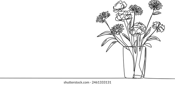 continuous single line drawing of bouquet of flowers in flower vase, line art vector illustration