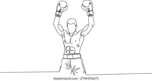 A continuous single line drawing of a boxer raising gloves, representing power and resilience, line art style illustration.