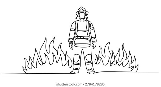 Continuous single line drawing of a brave firefighter standing in front of fire flames Vector, illustration