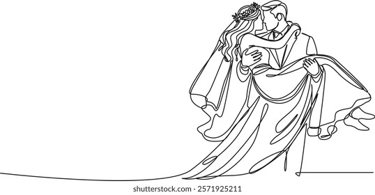 continuous single line drawing of bridegroom carrying bride, line art vector illustration