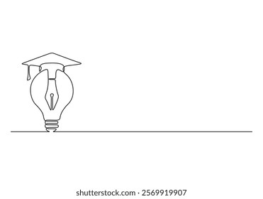 Continuous single line drawing of bright lightbulb wearing graduation cap logo identity. Smart study academy logotype icon template concept. Vector illustration