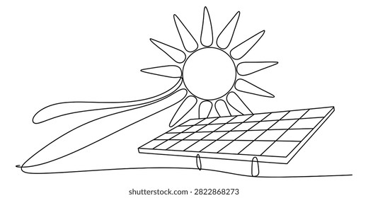 Continuous single line drawing of a bright sun shining over a modern solar panel board for renewable clean energy isolated on white background illustration