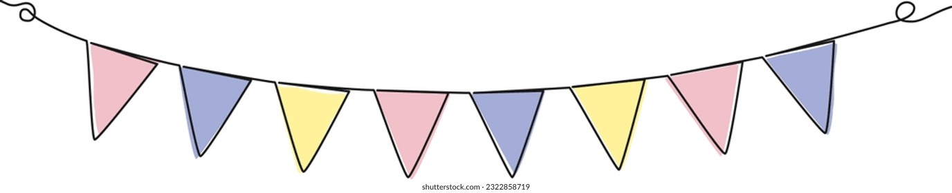 continuous single line drawing of bunting garland, pastel colored buntings line art vector illustration