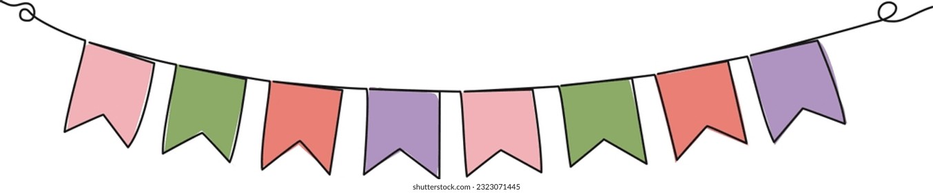 continuous single line drawing of bunting garland, pastel colored buntings line art vector illustration