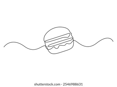 Continuous single line drawing of burger. One line drawing of hamburger. Silhouette of fast-food restaurant burger with cheese, cutlet and salad. Vector illustration