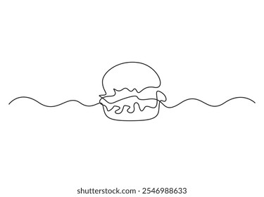 Continuous single line drawing of burger. One line drawing of hamburger. Silhouette of fast-food restaurant burger with cheese, cutlet and salad. Vector illustration