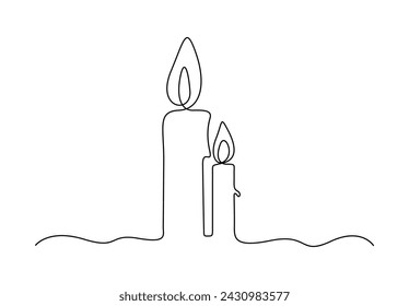 Continuous single line drawing of burning candle. Isolated on white background vector illustration.