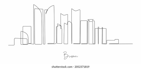 Continuous single line drawing of Busan city skyline. Historical town landscape in the world. Best holiday destination. Editable stroke trendy hand drawn design vector illustration