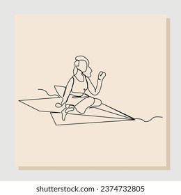 El dibujo continuo de una sola línea de la mujer empresaria en un avión de papel para alcanzar el objetivo de crecimiento del logro de negocios exitoso. Ilustración vectorial concepto de dibujo de una línea