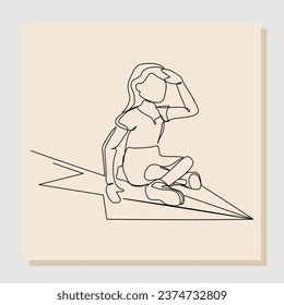 El dibujo continuo de una sola línea de la mujer empresaria en un avión de papel para alcanzar el objetivo de crecimiento del logro de negocios exitoso. Ilustración vectorial concepto de dibujo de una línea