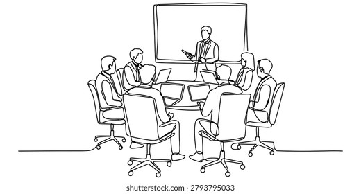Continuous single line drawing of a business team having a professional meeting in an office conference room with a speaker presenting on a board visual Vector, illustration
