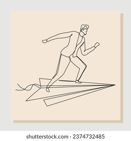 Continuous single line drawing of businessman ride paper plane to reach business achievement growth goal successful. Vector illustration one line sketch art concept