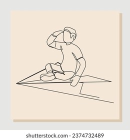 Continuous single line drawing of businessman ride paper plane to reach business achievement growth goal successful. Vector illustration one line sketch art concept