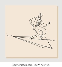 Continuous single line drawing of businessman ride paper plane to reach business achievement growth goal successful. Vector illustration one line sketch art concept