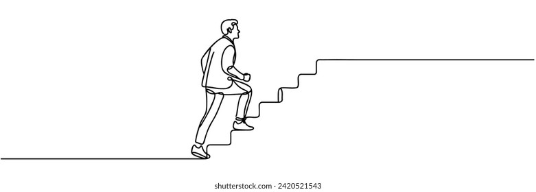 Continuous single line drawing. Businessman climbs the stairs to the goal