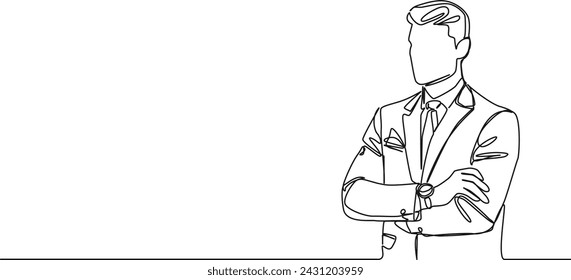 continuous single line drawing of businessman with crossed arms, line art vector illustration