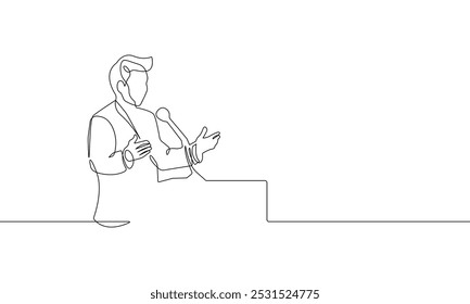 Continuous Single Line Drawing Of Businessman Speaks on Podium. One Line Minimalist Business Vector Illustration of People Lector. Man Talking on Conference.