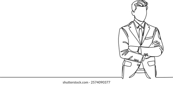 continuous single line drawing of businessman standing with arms crossed, line art vector illustration