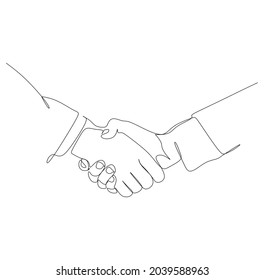 Continuous single line drawing of businessmen handshake to make a deal. Handshaking of business partners drawn by one single line. Vector illustration.