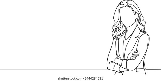 continuous single line drawing of businesswoman standing with arms crossed, line art vector illustration