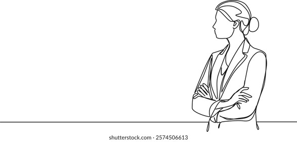 continuous single line drawing of businesswoman standing with arms crossed, line art vector illustration