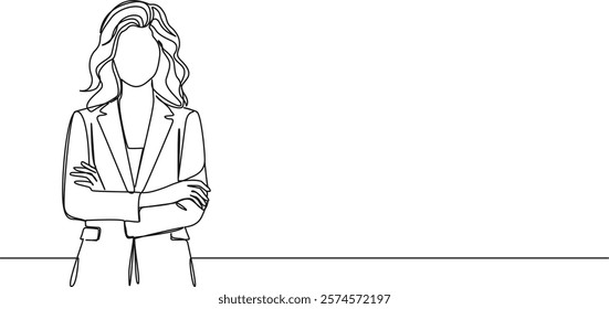 continuous single line drawing of businesswoman standing with arms crossed, line art vector illustration