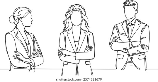 continuous single line drawing of businesswomen and businessman standing together arms crossed, line art vector illustration