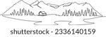 continuous single line drawing of cabin at lakeshore in beautiful mountain landscape, line art vector illustration