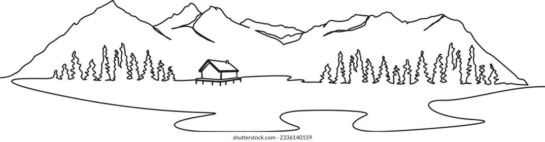 continuous single line drawing of cabin at lakeshore in beautiful mountain landscape, line art vector illustration