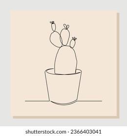 Continuous single line drawing of cactus in pot. One line art isolated white background of potted cactus. Vector illustration