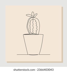 Continuous single line drawing of cactus in pot. One line art isolated white background of potted cactus. Vector illustration