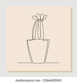 Continuous single line drawing of cactus in pot. One line art isolated white background of potted cactus. Vector illustration