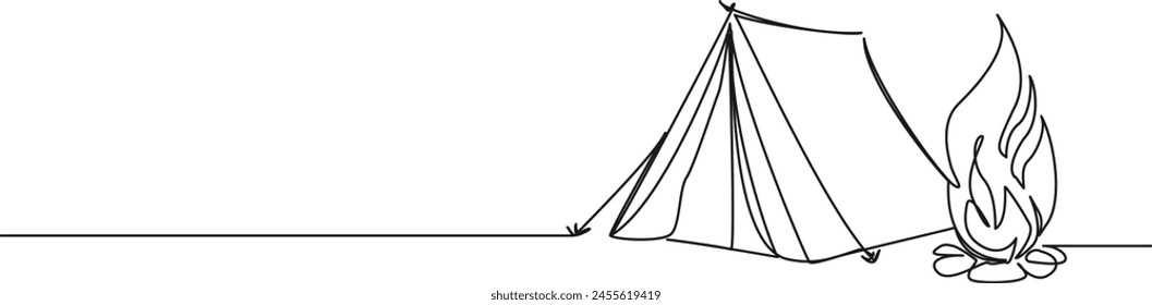 continuous single line drawing of campground with tent and campfire, line art vector illustration