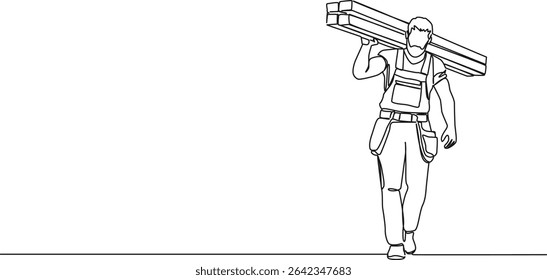 continuous single line drawing of carpenter carrying wooden beams, line art vector illustration