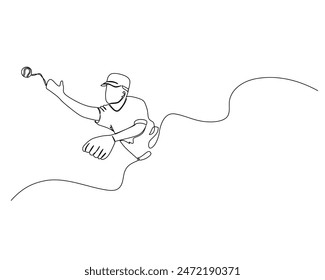 Continuous single line drawing of a catcher who jumps to catch a baseball. baseball tournament event . Design illustration