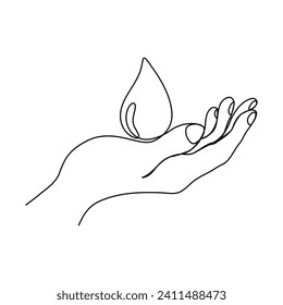 Continuous single line drawing catches water dropping on hand of world water day concept vector illustration graphic design