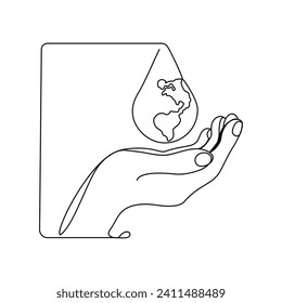Continuous single line drawing catches water dropping on hand of world water day concept vector illustration graphic design